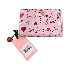 NWT Juicy Couture Pink Heart Script Zip Wallet with Gold Logo